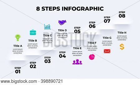 Neumorphic Vector Infographic. Presentation Slide Template. Shadows Stairs. 8 Steps Up. Neumorphism 