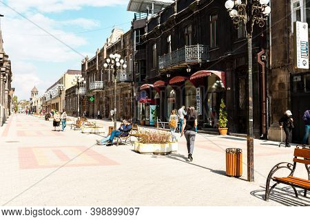 Gyumri, Armenia - October 12, 2018: People Walking Down The Street In Gyumri Downtown, Armenia.