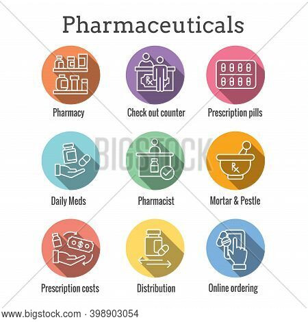 Pharmaceuticals, Medication Icon Set With Mortar And Pestle, Pharmacy, Otc
