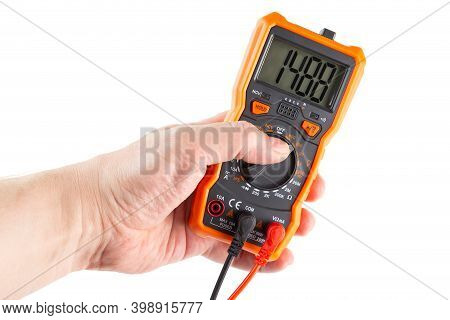 Digit 1488 On Lcd Screen Of Digital Electrical Multimeter In Left Hand, Isolated On White Background
