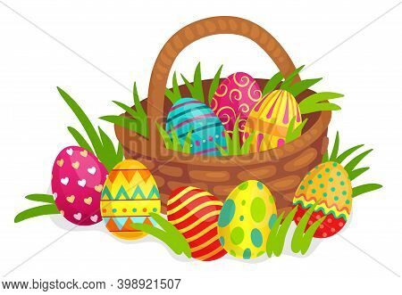 Easter Decorated Eggs In Wicker Basket. Colorful Eggs With Hearts, Lines, Dots And Twirls Decoration