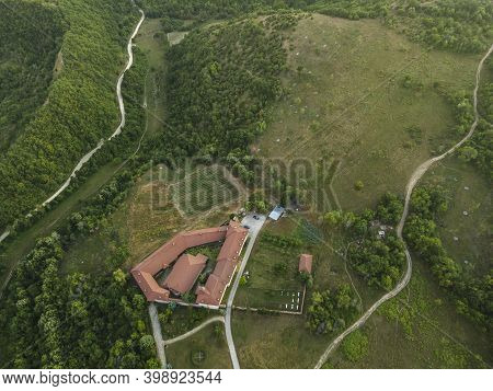 Aerial View Of Medieval Rozhen Monastery Of The Nativity Of The Mother Of God, Blagoevgrad Region, B