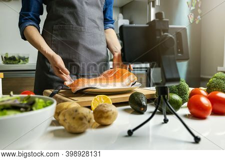 Online Food Courses - Woman Vloger Recording Video At Home Kitchen