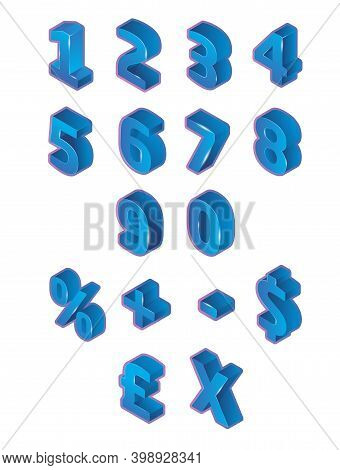 Set Of Volumetric Shiny Numbers And Percent Sign. 3d Vector, 3d Blue Numbers