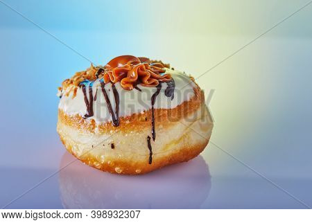 Happy Hanukkah And Hanukkah Sameach Is A Traditional Jewish Donut With Dulce De Leche And Chocolate.