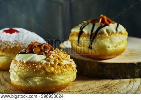Happy Hanukkah And Hanukkah Sameach Is A Traditional Jewish Donuts With Dulce De Leche, Chocolate An