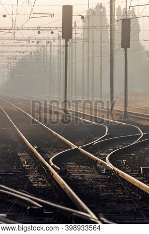 medium-sized railway station in the morning fog, Czech Republic