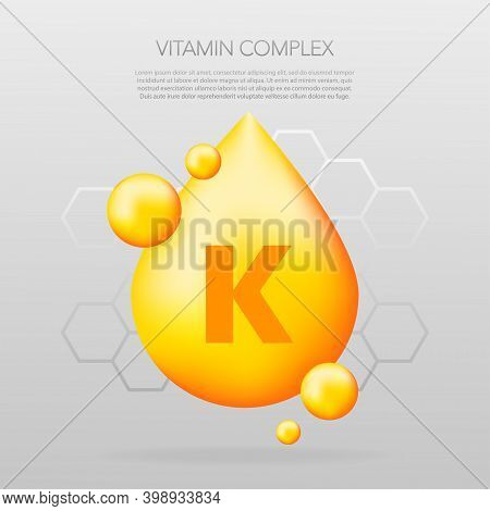 Vitamin K Shining Pill Capcule Icon. Shining Golden Substance Drop. Meds Ads. Beauty Treatment Nutri