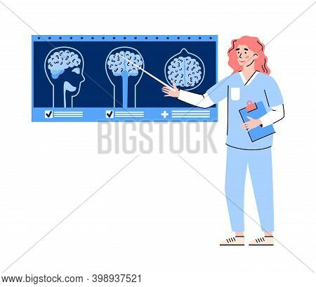 Doctor Female Cartoon Character Pointing On Mri Or Tomography Scans Of Brain, Flat Vector Illustrati