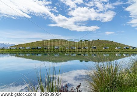 Twizel New Zealand - November 12 2020; Famous Turquoise Trout And Salmon Fishing Destination Ohau Ca