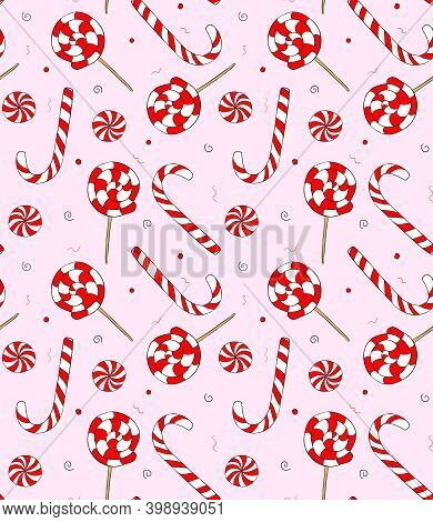 Seamless Repeating Pattern Of Caramel, Striped Red-white Candies. Lollipops And Candycane On A Pink 