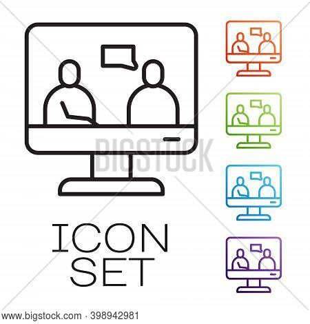 Black Line Online Education And Graduation Icon Isolated On White Background. Online Teacher On Moni