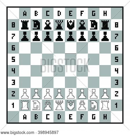 Chess Pieces On The Chessboard. Pixel Art Chess Set. Chess Game. Black And White Vector Illustration