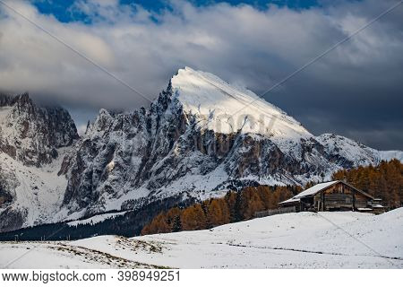 Snowy winter landscape in Alpe di Siusi. Dolomites Italy - Winter holidays destination