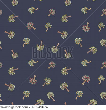Beautiful Vector Seamless Pattern With Cute Watercolor Fruit Trees. Stock Orchard Illustration.