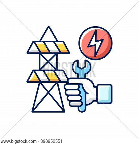 Repairing Power Lines Rgb Color Icon. Fixing Electricity Connection Between Two Cities. Dangerous Si