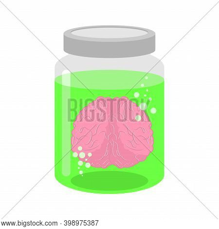 Brain In Glass Jar. Brainss In Glassy Liter Jar. Vector Illustration