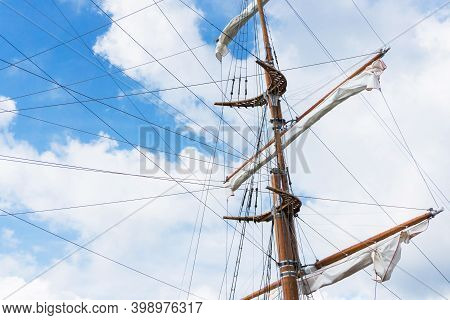 Ship Mastr Background. Old Retro Wooden Construction. Yacht Travel Background. Pirate Ship Backgroun