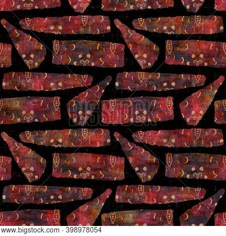 Seamless Dark Geometric Block Print Background. Boho Ethnic Soft Furnishing Fabric Style. Tie Dye Pa