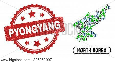 Vector Covid-2019 Winter Mosaic North Korea Map And Pyongyang Scratched Stamp Imitation. Pyongyang S
