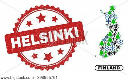 Vector Covid Christmas Collage Finland Map And Helsinki Grunge Stamp Print. Helsinki Stamp Uses Rose