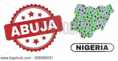 Vector Covid-2019 New Year Mosaic Nigeria Map And Abuja Grunge Stamp Seal. Abuja Stamp Seal Uses Ros