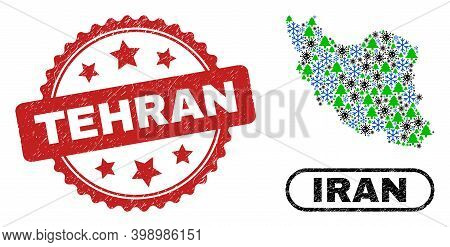 Vector Covid-2019 Christmas Combination Iran Map And Tehran Rubber Stamp Seal. Tehran Stamp Seal Use