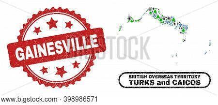 Vector Covid-2019 Winter Collage Turks And Caicos Islands Map And Gainesville Dirty Stamp. Gainesvil