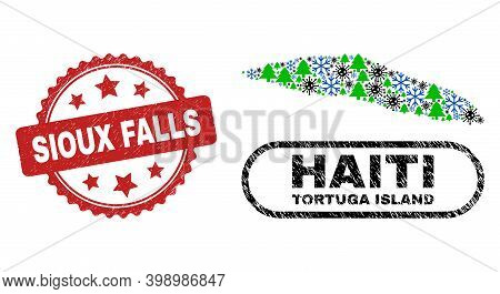 Vector Pandemic New Year Mosaic Tortuga Island Of Haiti Map And Sioux Falls Grunge Stamp. Sioux Fall