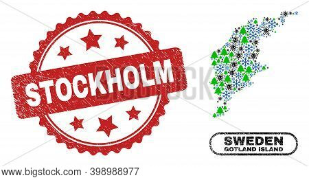 Vector Covid-2019 New Year Collage Gotland Island Map And Stockholm Grunge Seal. Stockholm Stamp Sea