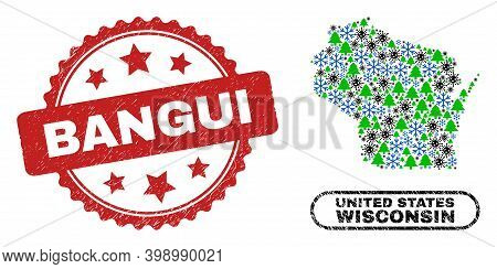 Vector Pandemic New Year Collage Wisconsin State Map And Bangui Grunge Stamp Print. Bangui Stamp Sea