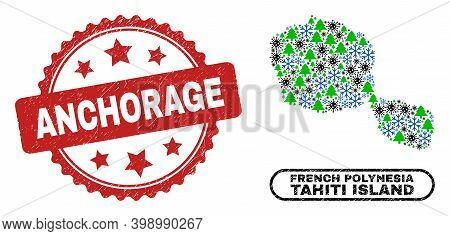 Vector Coronavirus New Year Combination Tahiti Island Map And Anchorage Textured Stamp. Anchorage St