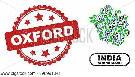 Vector Covid-2019 New Year Mosaic Chandigarh City Map And Oxford Grunge Watermark. Oxford Watermark 