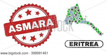 Vector Covid Christmas Collage Eritrea Map And Asmara Dirty Stamp Seal. Asmara Stamp Seal Uses Roset