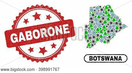 Vector Covid New Year Collage Botswana Map And Gaborone Corroded Stamp Imitation. Gaborone Seal Uses