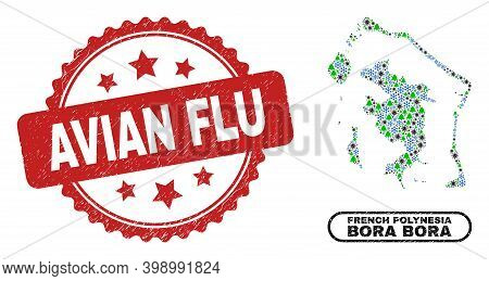 Vector Covid-2019 New Year Collage Bora-bora Map And Avian Flu Rubber Stamp Imitation. Avian Flu Sea