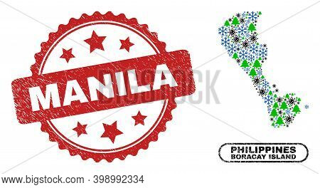 Vector Pandemic New Year Collage Boracay Island Map And Manila Scratched Stamp. Manila Stamp Seal Us