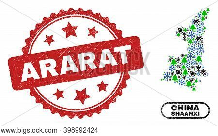 Vector Covid-2019 New Year Combination Shaanxi Province Map And Ararat Corroded Stamp Seal. Ararat S