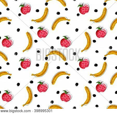 Seamless Pattern With Illustration Of Fruits, Bananas And Apple On White Background. Tropical Abstra