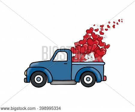 St. Valentine Illustration Red Car With Heart Balloons, Letters, Present. Blue And Red Car With Symb