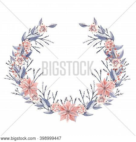 Winter Wreath With Red And White Flowers, Berries, Snow-like, Sharp-faced And Decorative Twigs. Wate