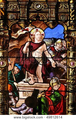 PARIS - NOV 07, 2012:Resurrection of Christ, stained glass, church is dedicated Gervasius and Protasius is one of the oldest in Paris. Known for its richly painted stained glass, Paris on Nov 07, 2012