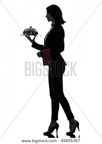 one caucasian woman waiter butler serving dinner with catering dome in silhouette  on white background