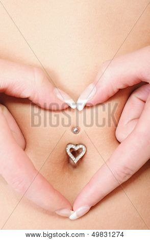 Hands Heart Symbol Around Navel Piercing
