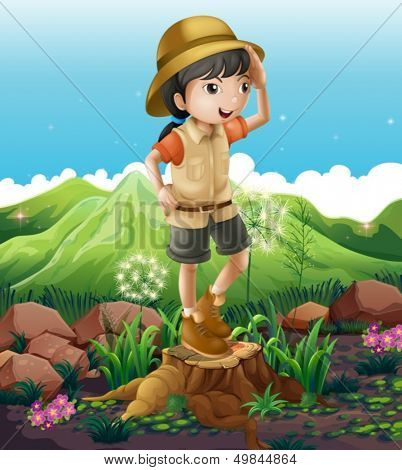 Illustration of a girl standing above the stump across the mountains