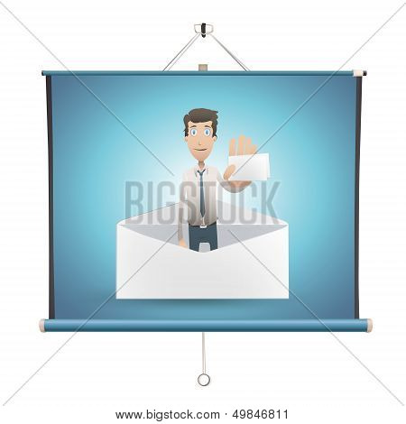 Business Man Holding Card Over Projector Screen. Vector Design