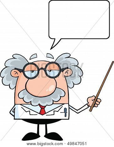 Funny Scientist Or Professor Holding A Pointer With Speech Bubble