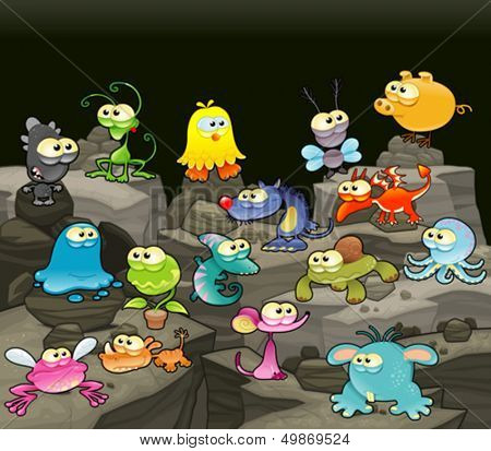 Семья монстров в пещере. Забавный мультяшный и векторных изолированных символов.