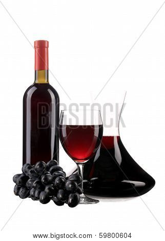 Decanter botle and glass with red wine