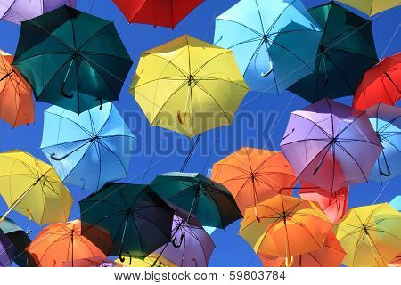 Street decorated with colored umbrellas.Madrid, Spain